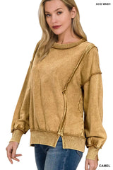 Zenana Acid Wash French Terry Exposed-Seam Sweatshirt OutfitFlow