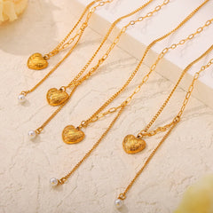 Titanium Steel Imitation Pearl Heart Pendant Necklace OutfitFlow