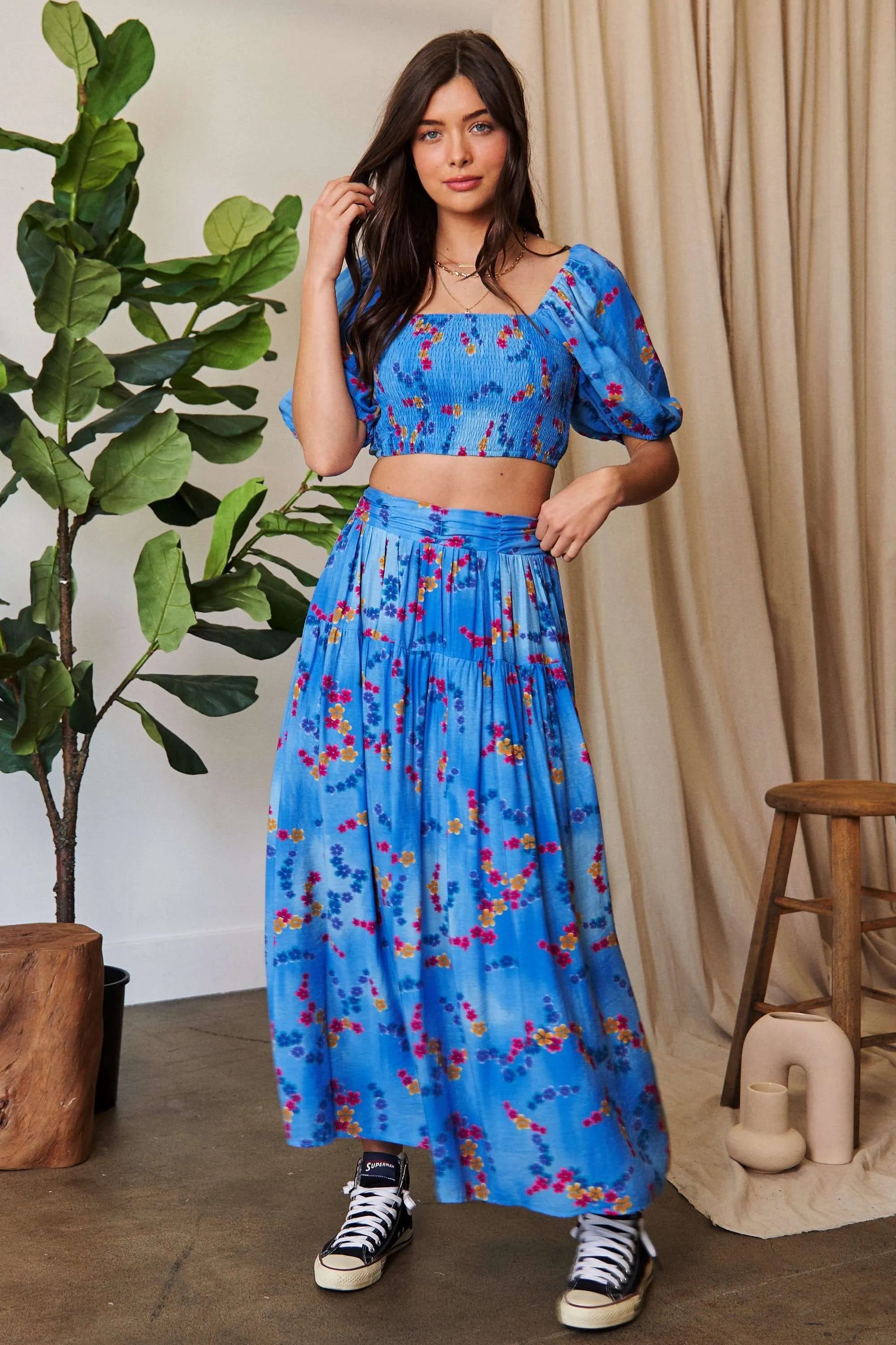 Davi & Dani Smocing Bodice Puff Short Sleeve Printed Crop Top OutfitFlow