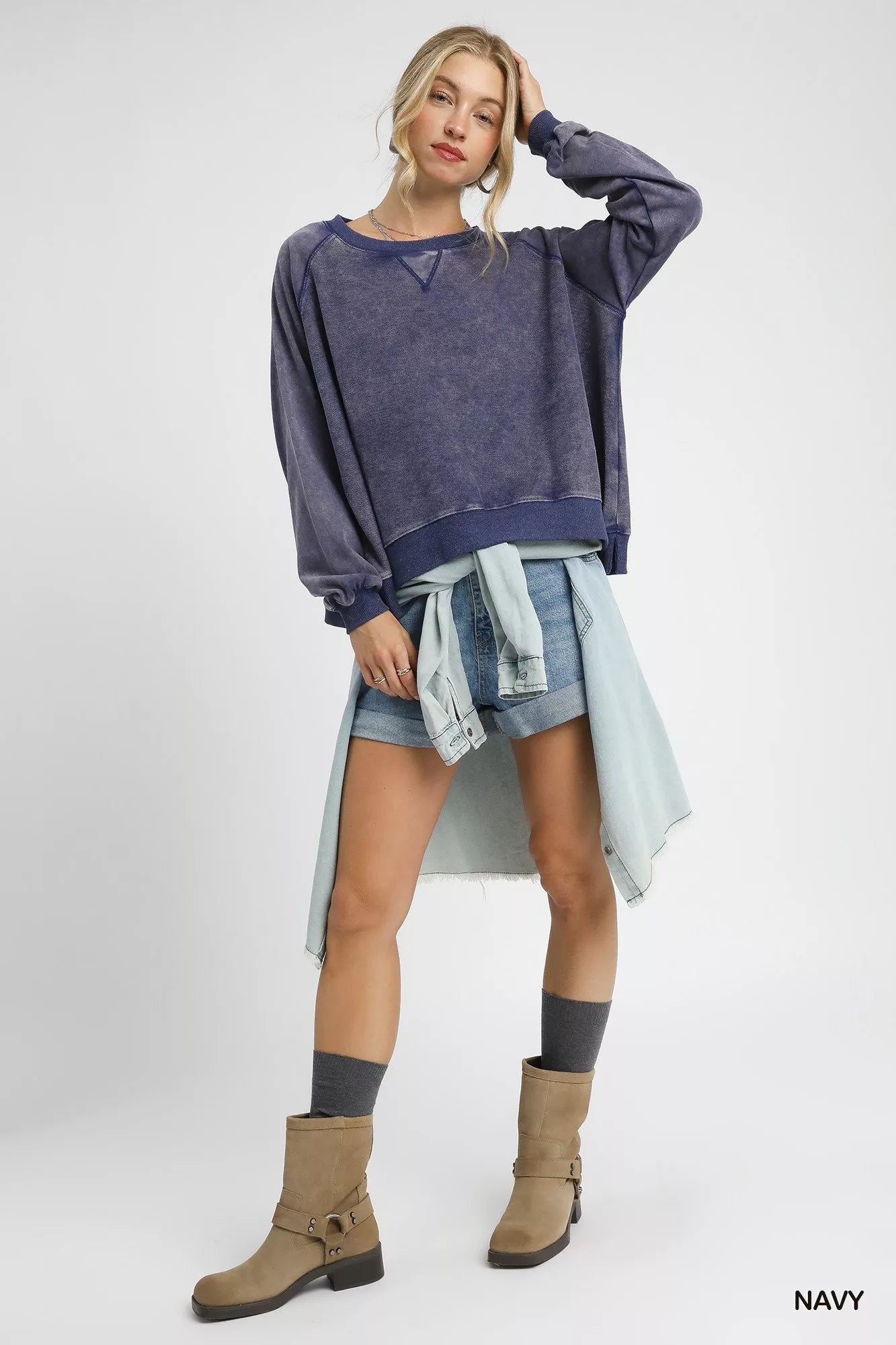 Umgee Mineral Wash French Terry Sweatshirt Trendsi