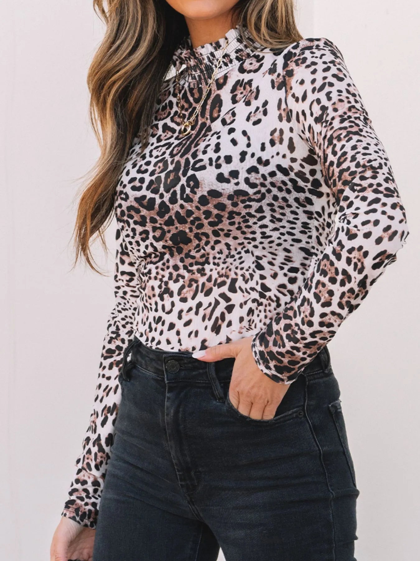 Leopard Print Long Sleeve Mock Neck Bodysuit OutfitFlow