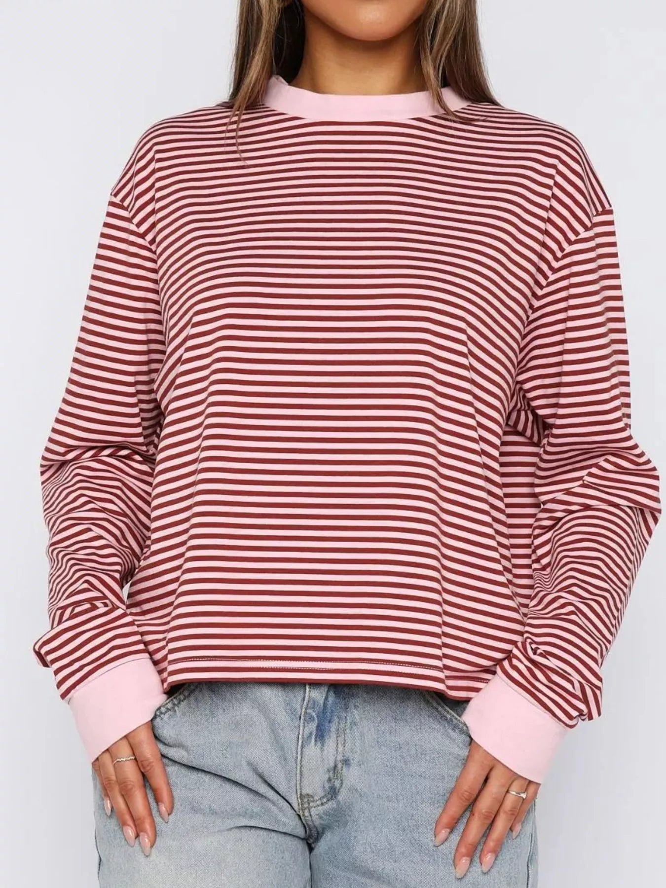 Striped Oversized Round Neck Sweatshirt Moonlit Mauve OutfitFlow