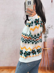 Geometric Round Neck Long Sleeve Sweater OutfitFlow