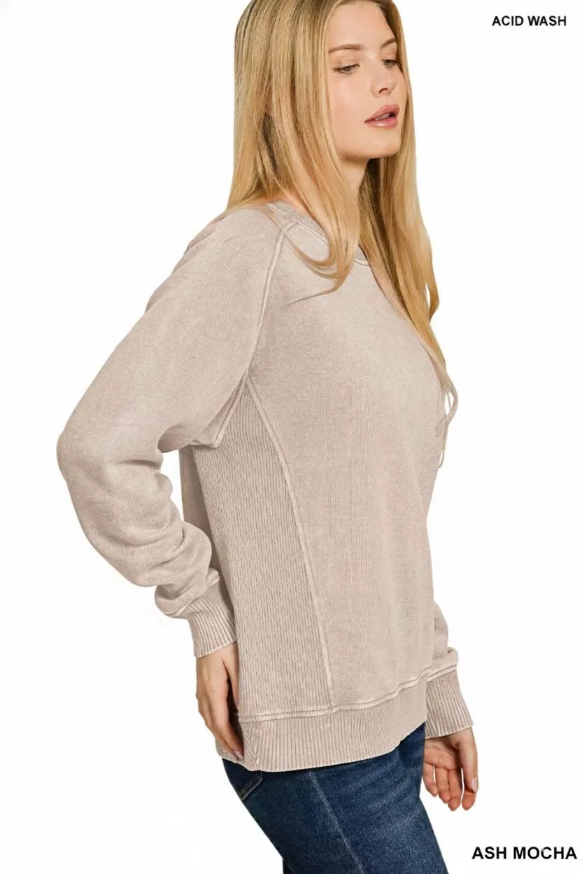 Zenana Acid Washed Fleece Sweatshirt with Side Rib Trendsi