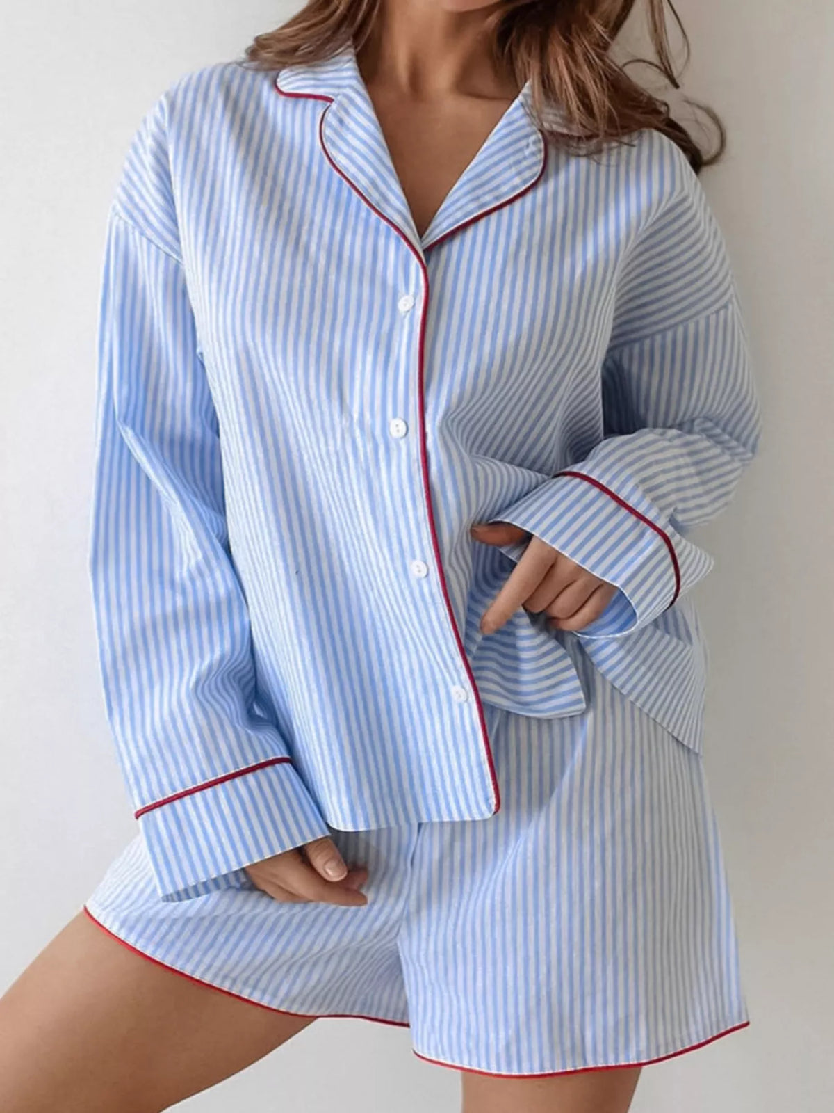 Striped Button Up Shirt and Shorts Lounge Set Light Blue OutfitFlow