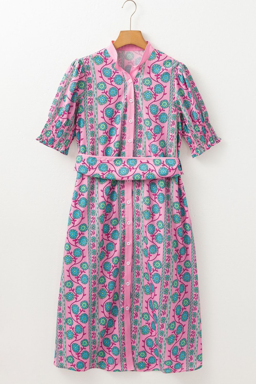 Printed Shirred Sleeve Buttoned Front Midi Dress with Sash OutfitFlow