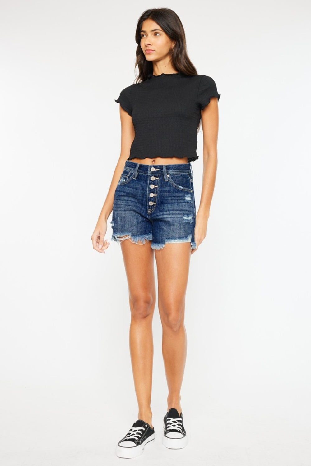 Kancan Raw Hem Button-Fly Denim Shorts