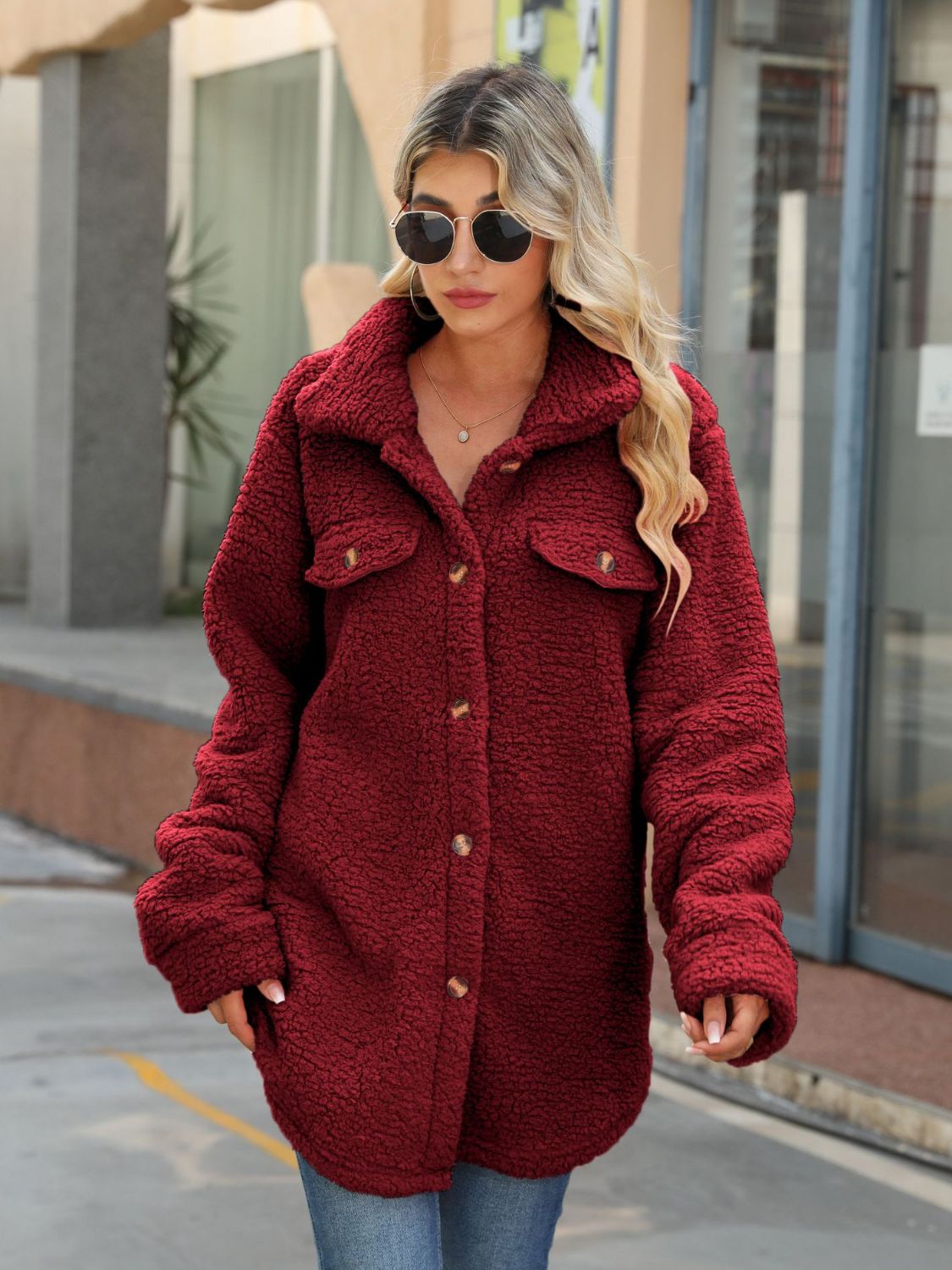 Button Down Collared Coat Wine Trendsi