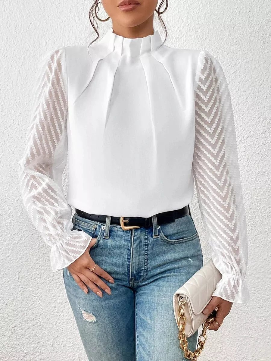 Mock Neck Sheer Lace Sleeve Blouse OutfitFlow