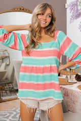 BiBi Stripe Printed Bubble Woven Balloon Sleeves Top OutfitFlow
