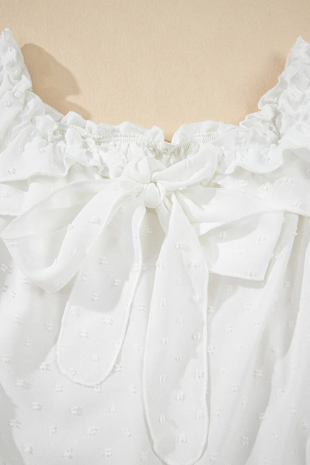 Off Shoulder Ruffle Knotted Detail Swiss Dot Blouse OutfitFlow
