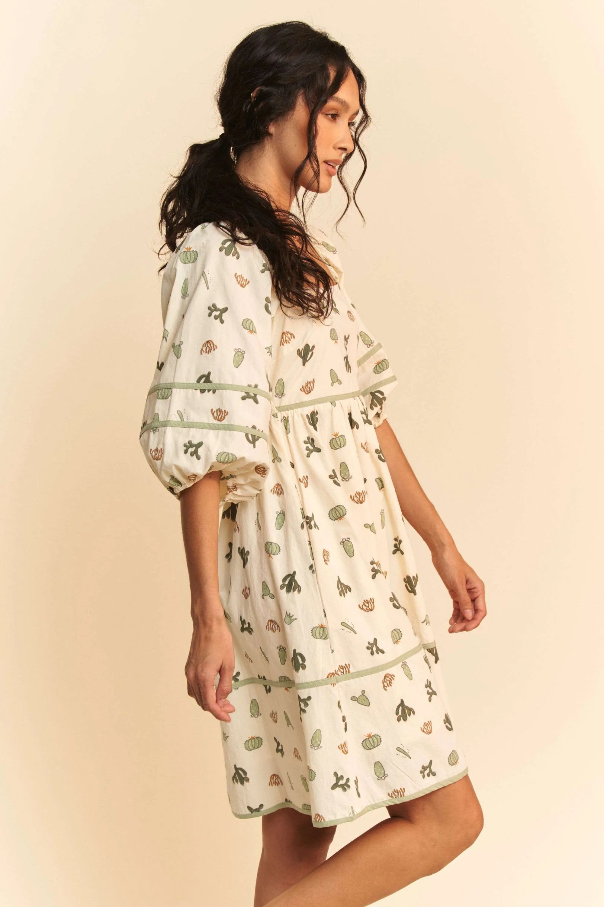 Davi & Dani Cactus Printed Poplin Contrast Piping Mini Dress OutfitFlow