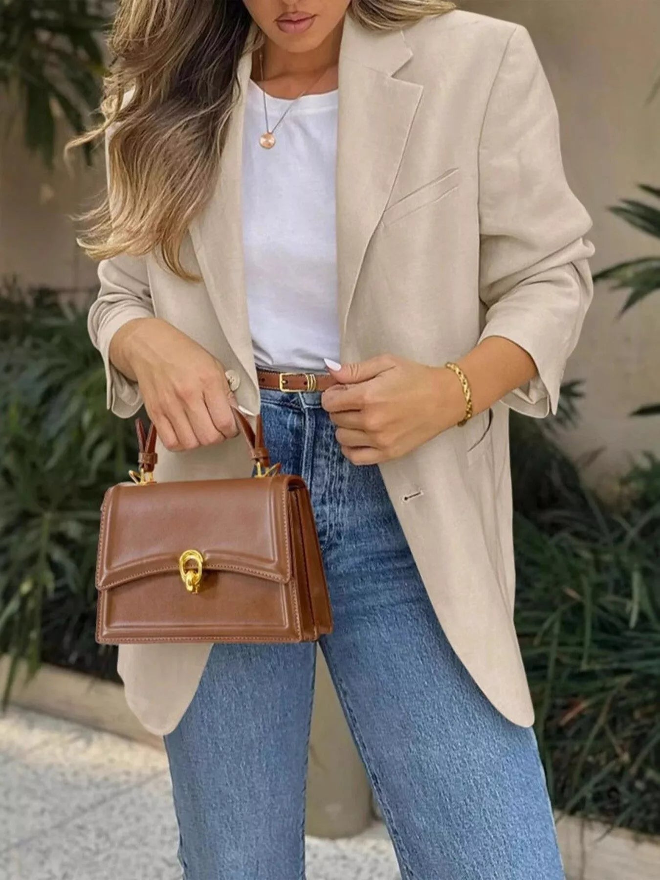 Lapel Collar Long Sleeve Blazer Ivory OutfitFlow