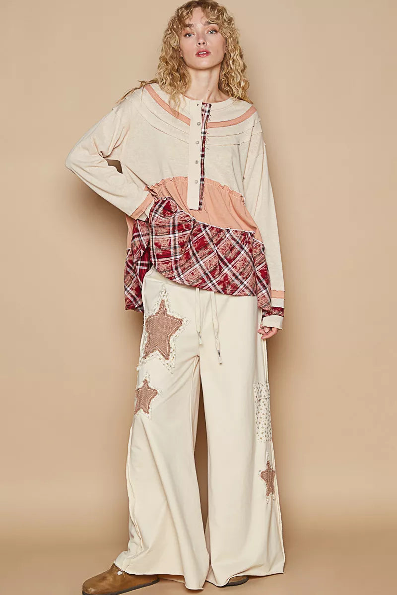 POL Round Neck Half Button Color Block Top with Merrow Edge Detail OutfitFlow