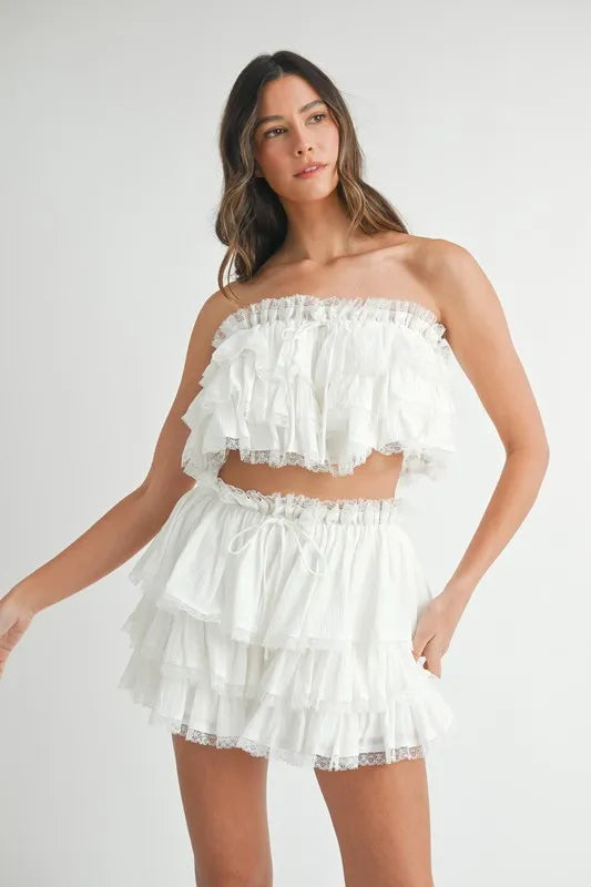 MABLE Ruffle Layered Crop Top and Mini Skirt Set OutfitFlow