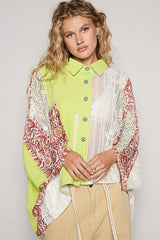 POL Thermal and Crochet Lace Mix Shirt with Floral Pattern NEON LIME Trendsi