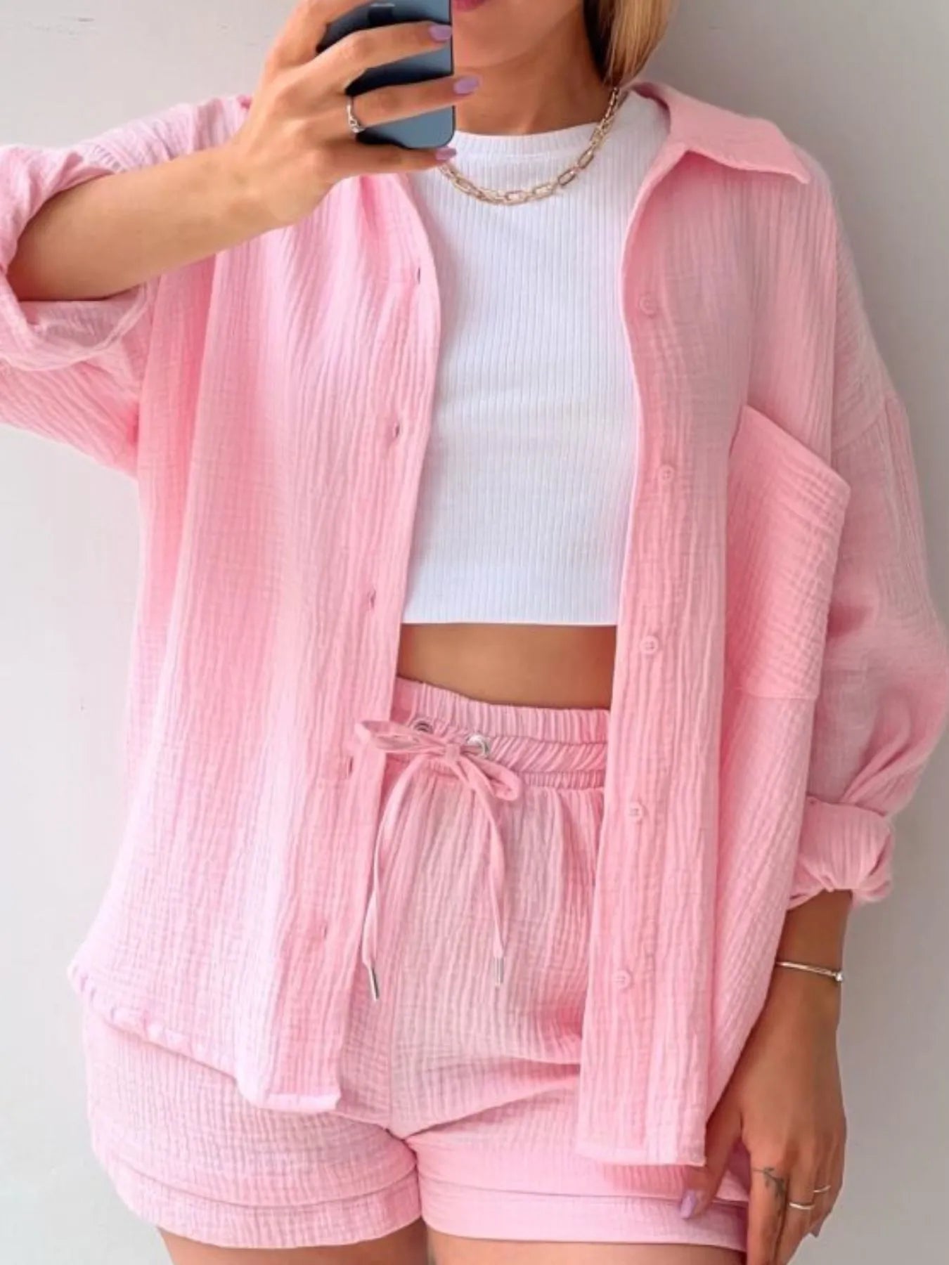 Textured Button Up Shirt and Shorts Set OutfitFlow