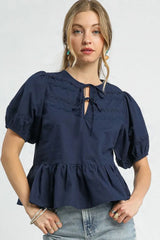 Umgee Tie Front Puff Sleeve Blouse Dark Navy OutfitFlow