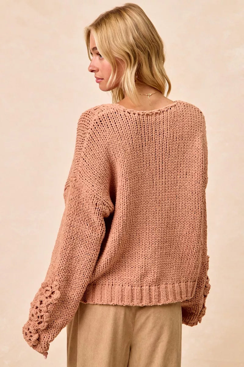 BiBi Chunky Knit Sweater with Flower Detail Sleeves OutfitFlow