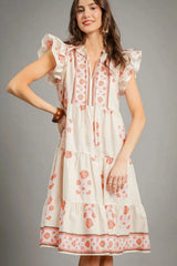 Umgee Printed Tie Neck Ruffle Cap Sleeve Dress OutfitFlow