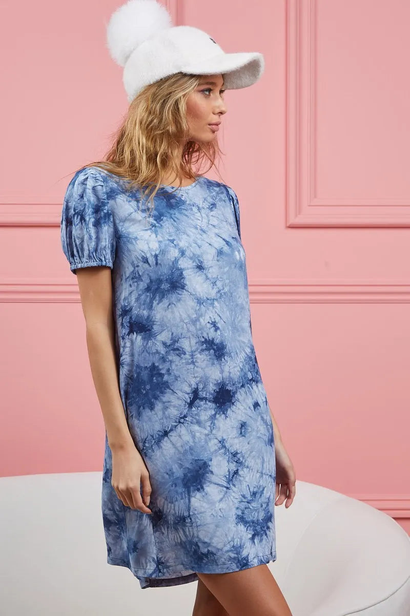 BiBi Puff Sleeve With Side Pockets Tie Dye Dress OutfitFlow