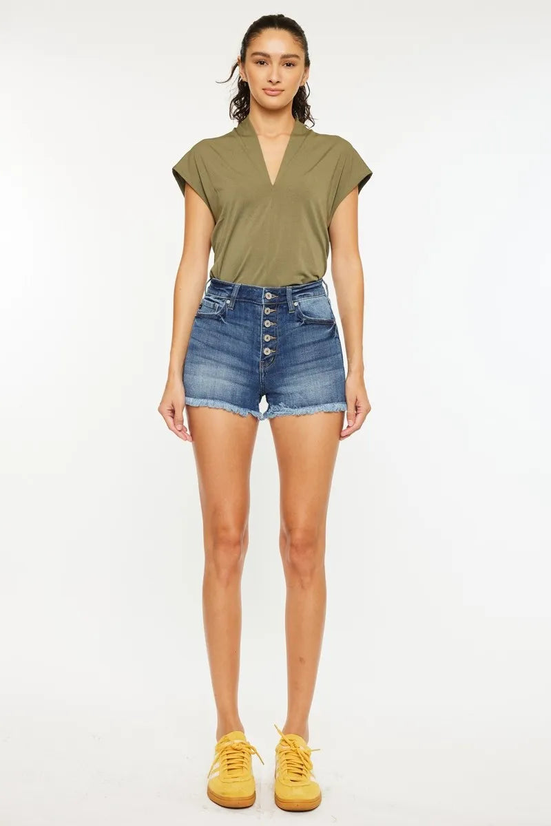 Kancan High Rise Frayed Hem Denim Shorts OutfitFlow
