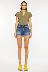 Kancan High Rise Frayed Hem Denim Shorts OutfitFlow