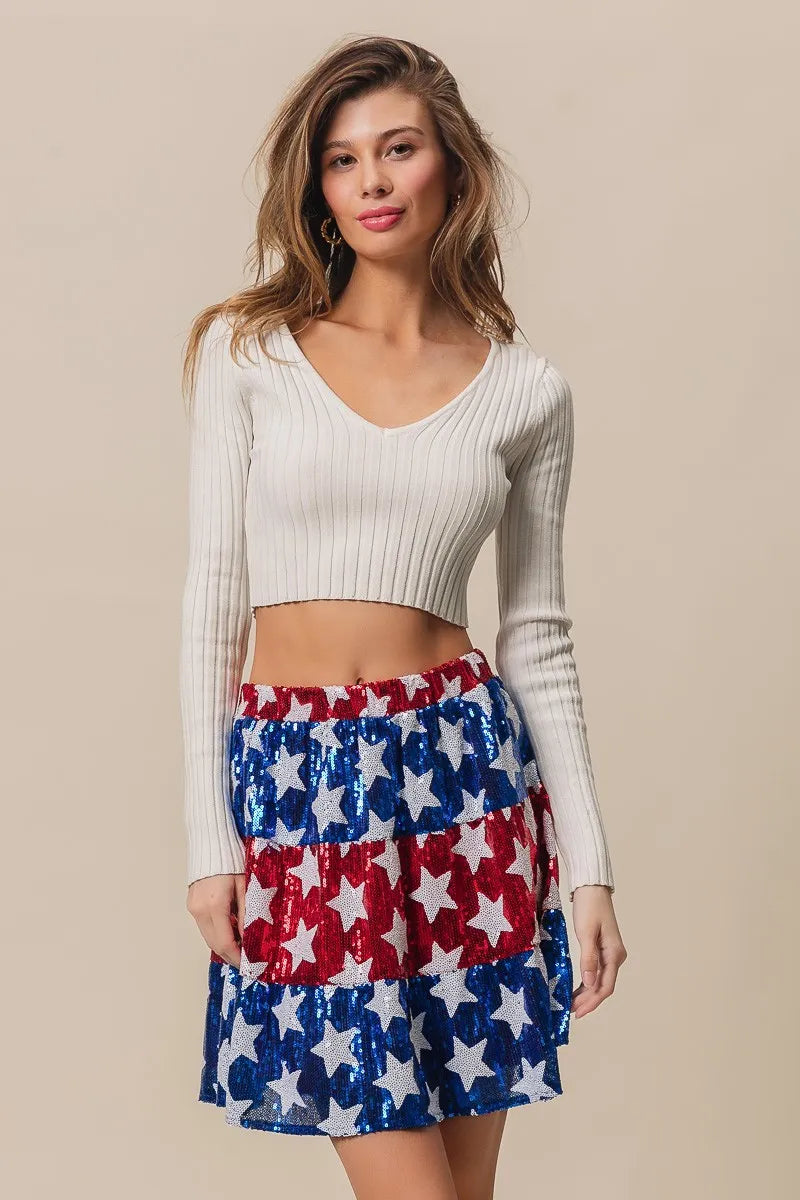 BiBi American Flag Theme Star Sequin Tiered Skirt OutfitFlow