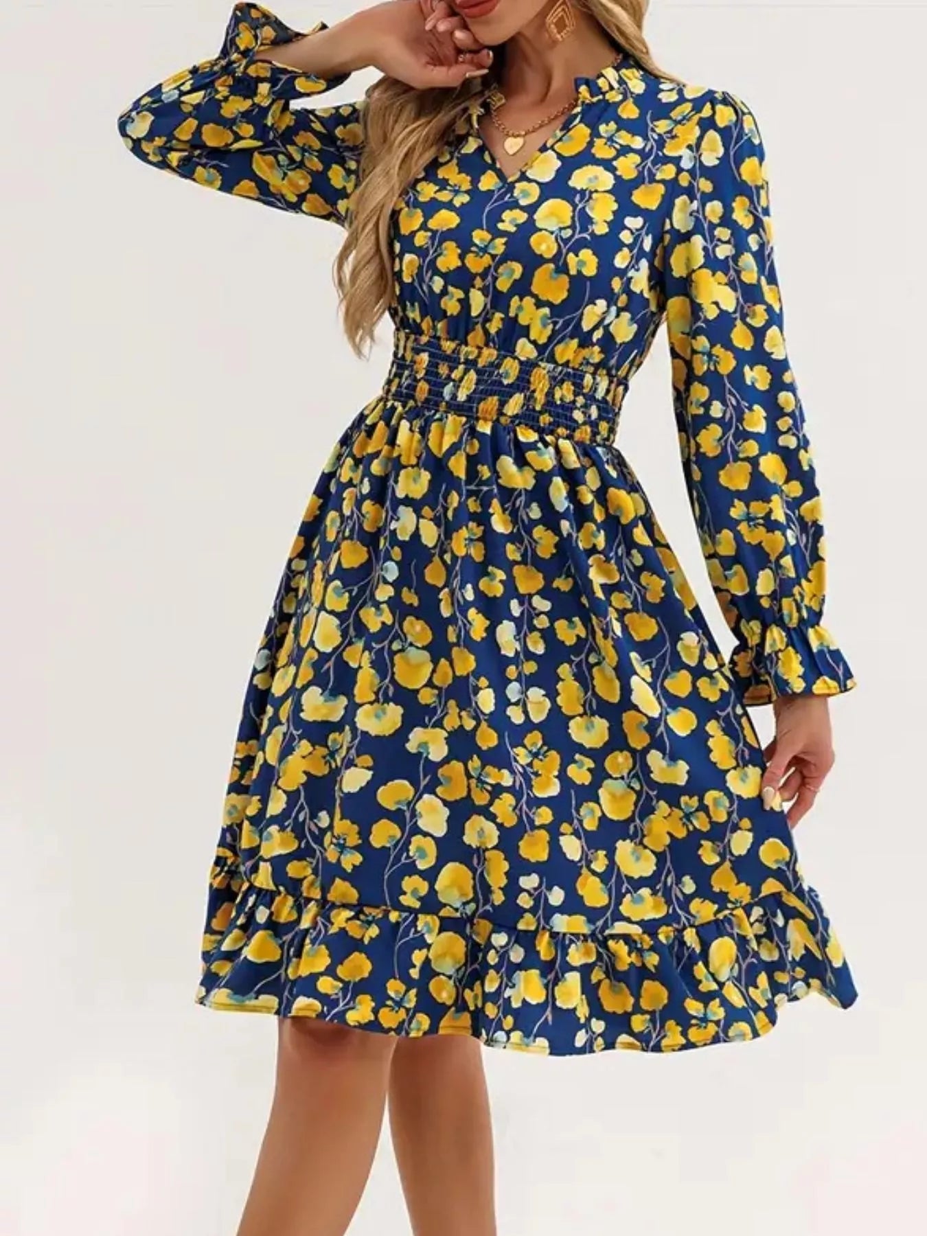Floral Notched Flounce Sleeve Dress OutfitFlow