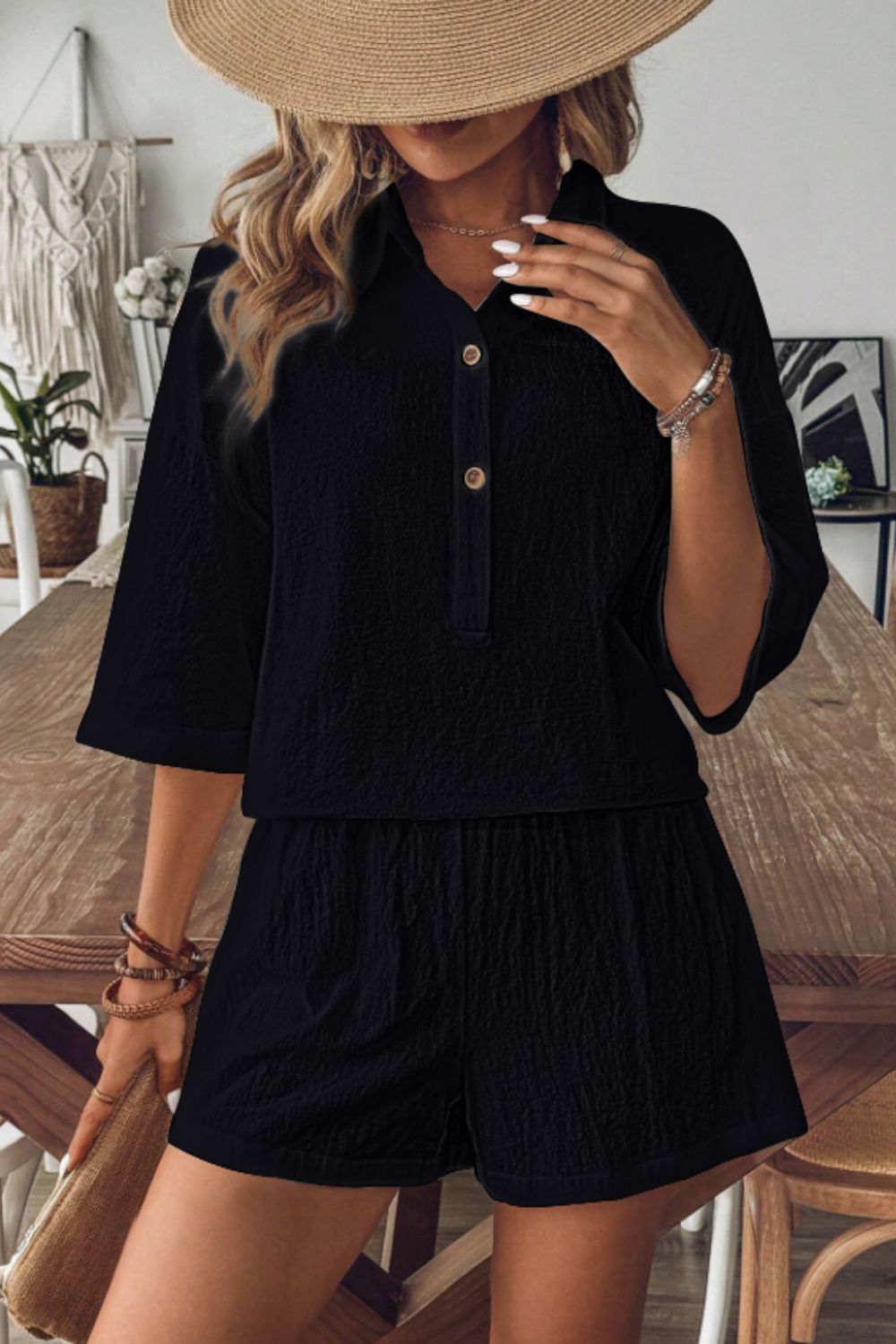 Outfit Flow - Collared Neck Half Sleeve Top and Shorts Set