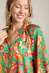 Umgee Satin Paisley Ruffle Neck Button-Up Shirt Trendsi