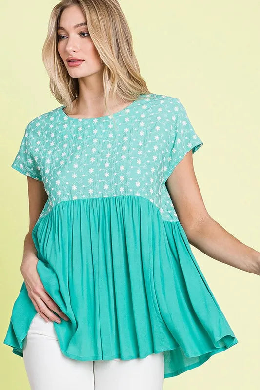 Lime 'N' Chili Full Size Embroidered Short Sleeve Pleated Babydoll Top Plus Size OutfitFlow