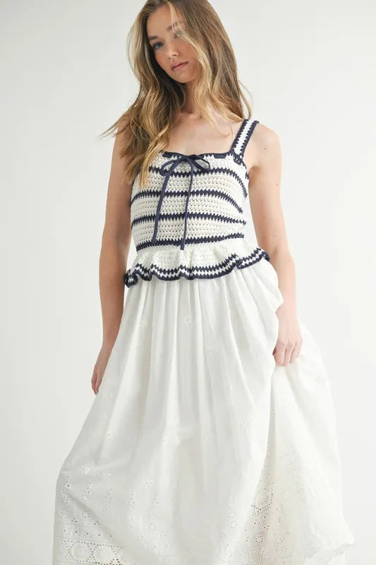 MABLE Crochet Stripe Knit Eyelet Mix Midi Dress OutfitFlow