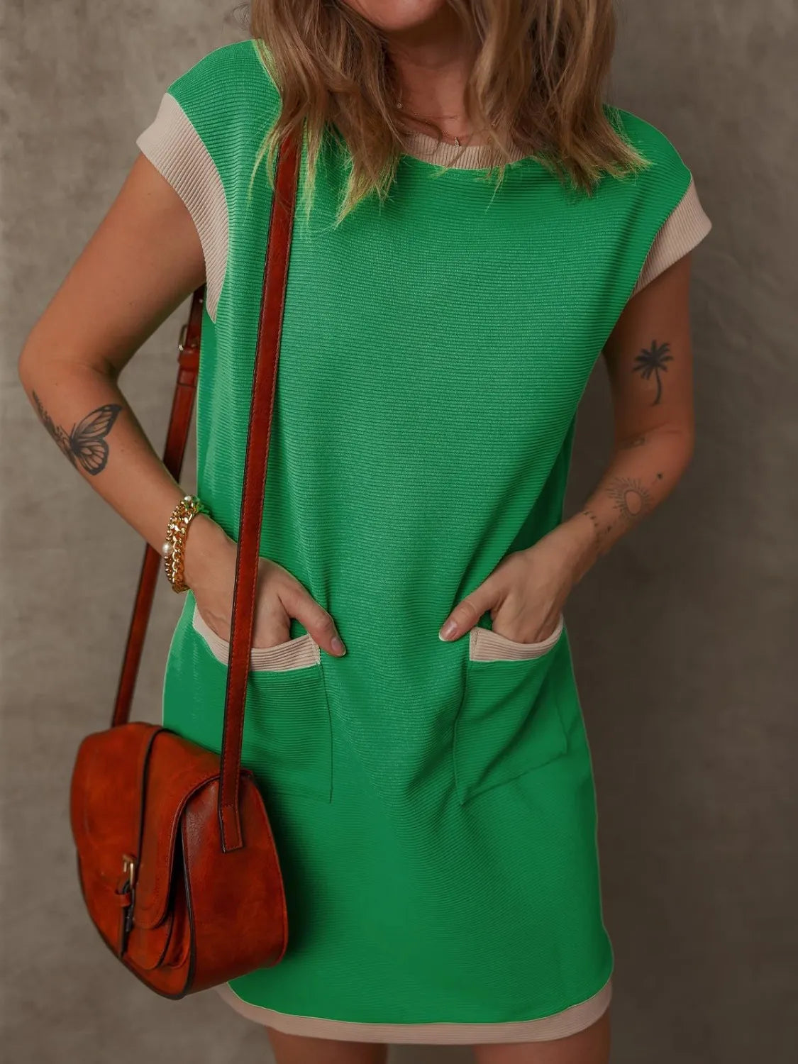 Round Neck Cap Sleeve Mini Dress Green OutfitFlow