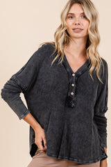 Outfit Flow - Mittoshop Washed V-Neck Long Sleeve Blouse