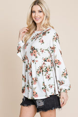 Outfit Flow - Super Lady Full Size Babydoll Floral Boat Neck Long Sleeve Blouse