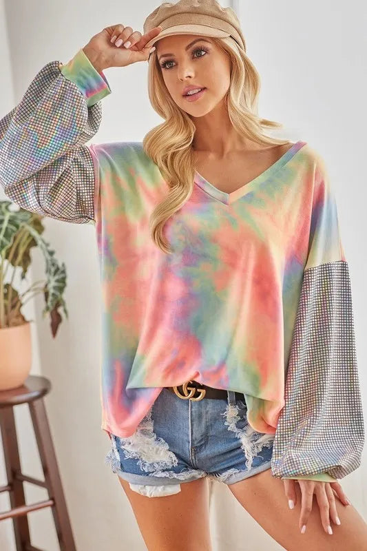 BiBi V Neck Tie Dye French Terry Top with Shiny PASTEL TIEDYE Trendsi