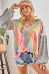 BiBi V Neck Tie Dye French Terry Top with Shiny PASTEL TIEDYE Trendsi