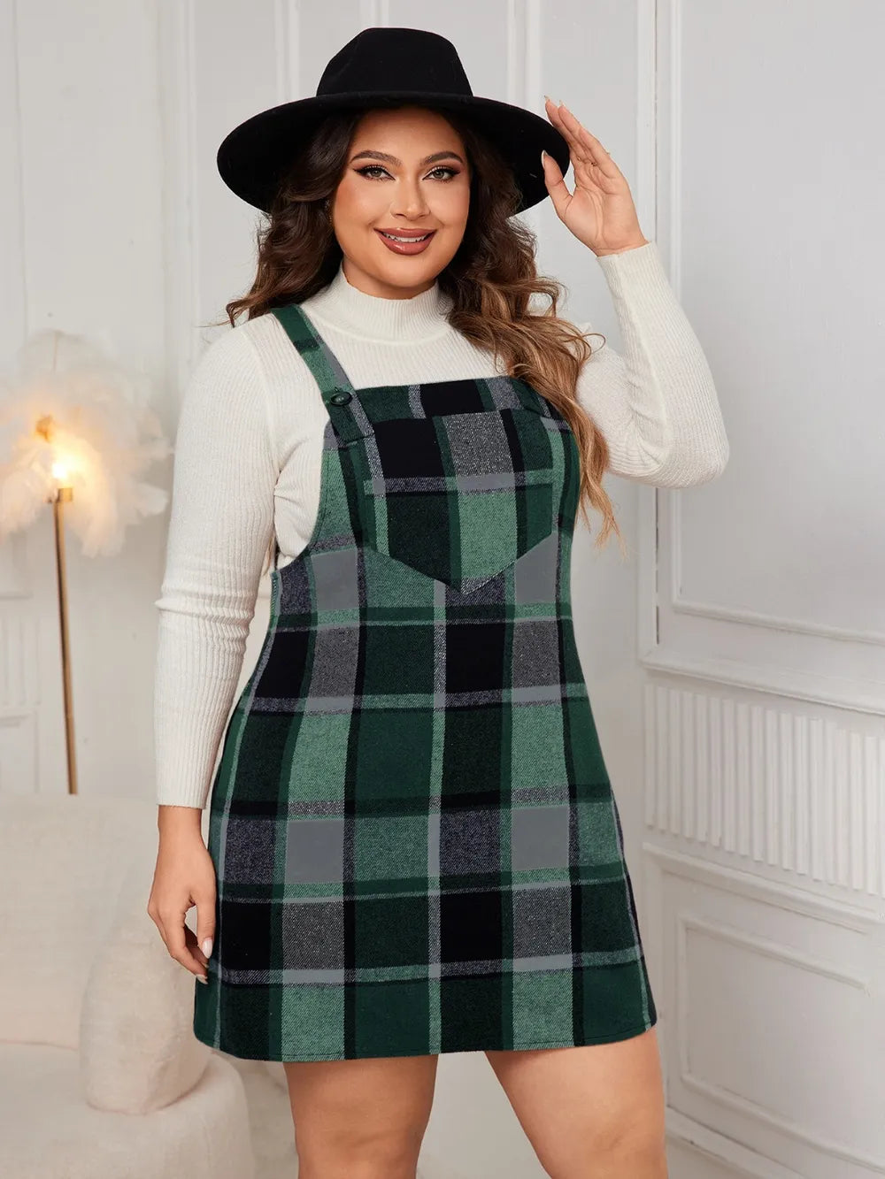 Honey Plus Size Plaid Wide Strap Overall Dress OutfitFlow