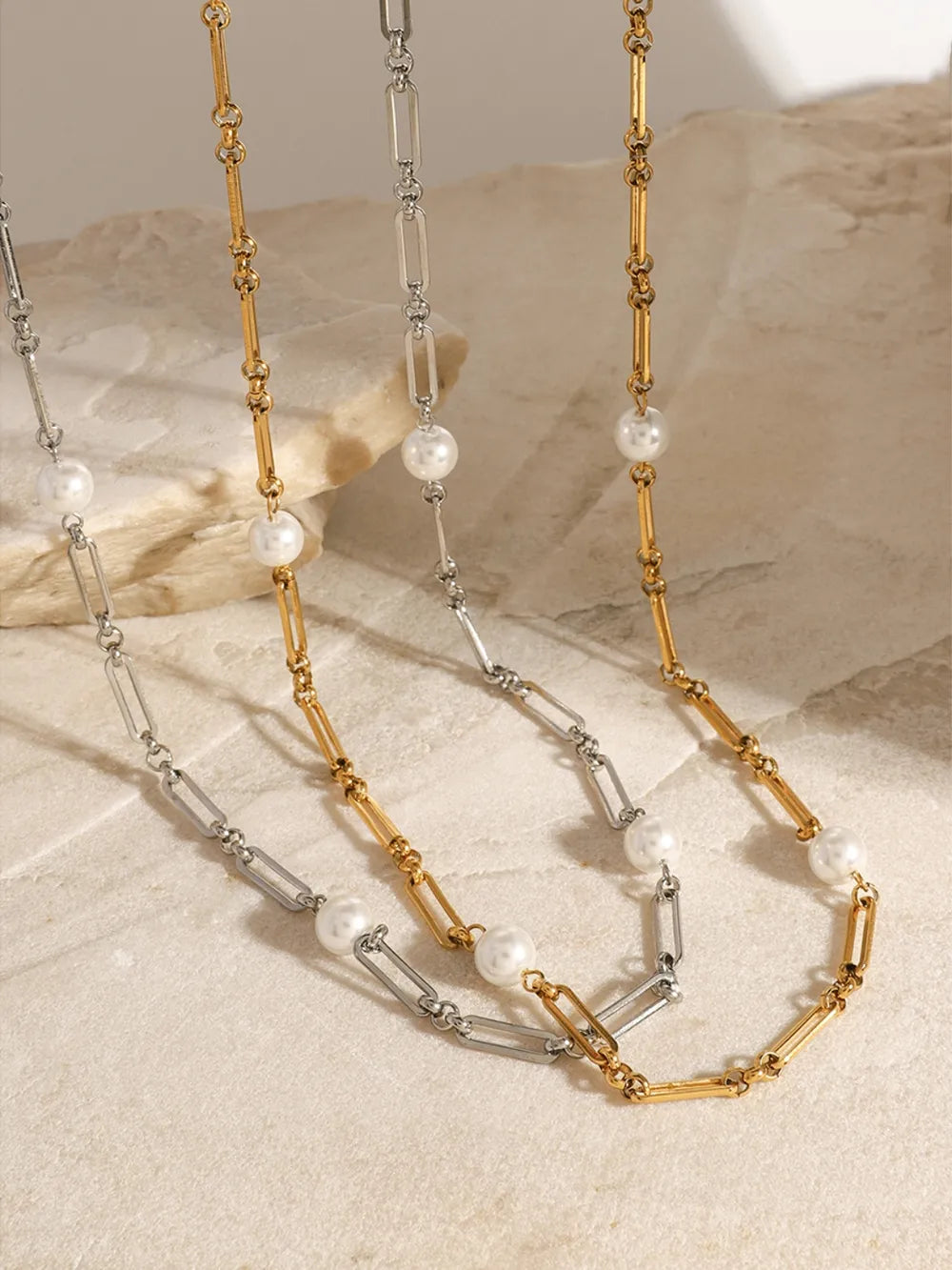 Stainless Steel Pearl Chain Necklace OutfitFlow