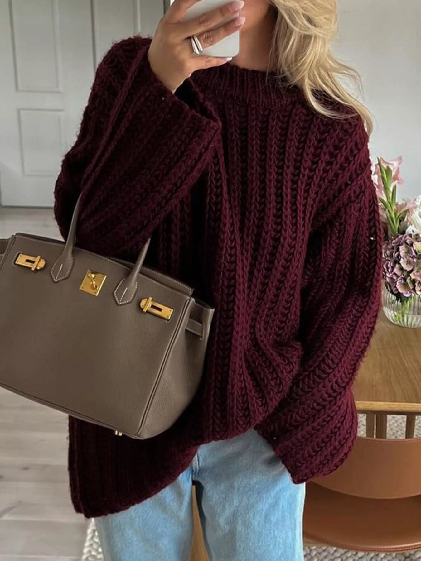 Oversized Chunky Knit Round Neck Sweater OutfitFlow