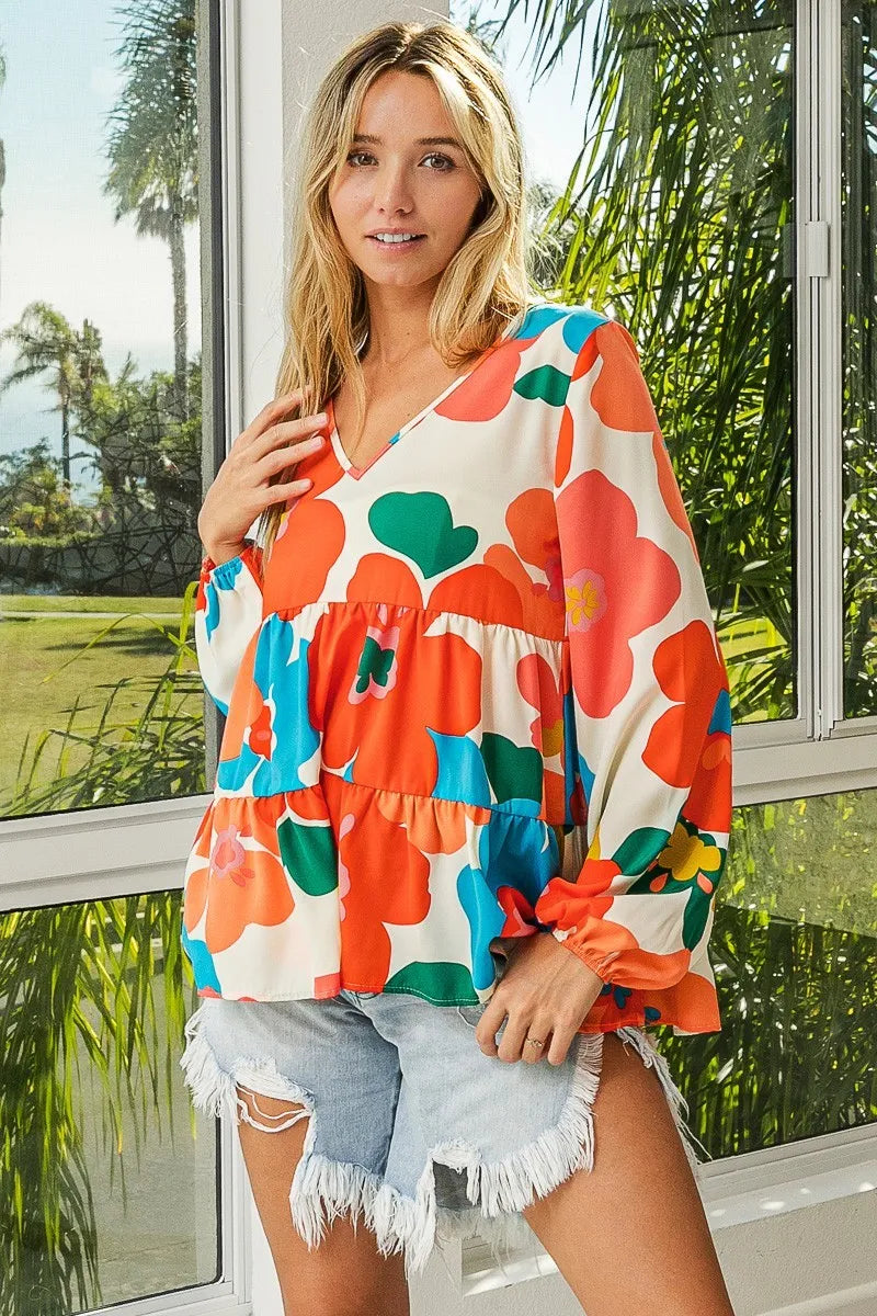 BiBi Floral Woven Tiered V Neck Top Trendsi