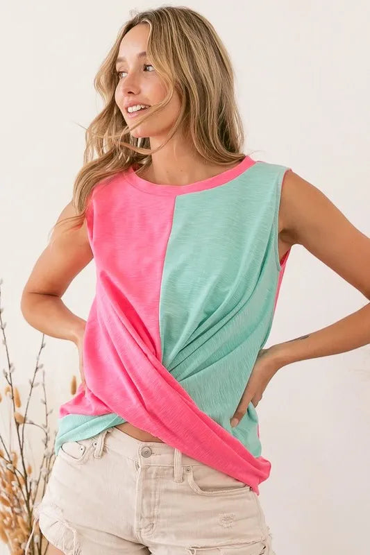 BiBi Slub Terry Color Block Twisted Top OutfitFlow