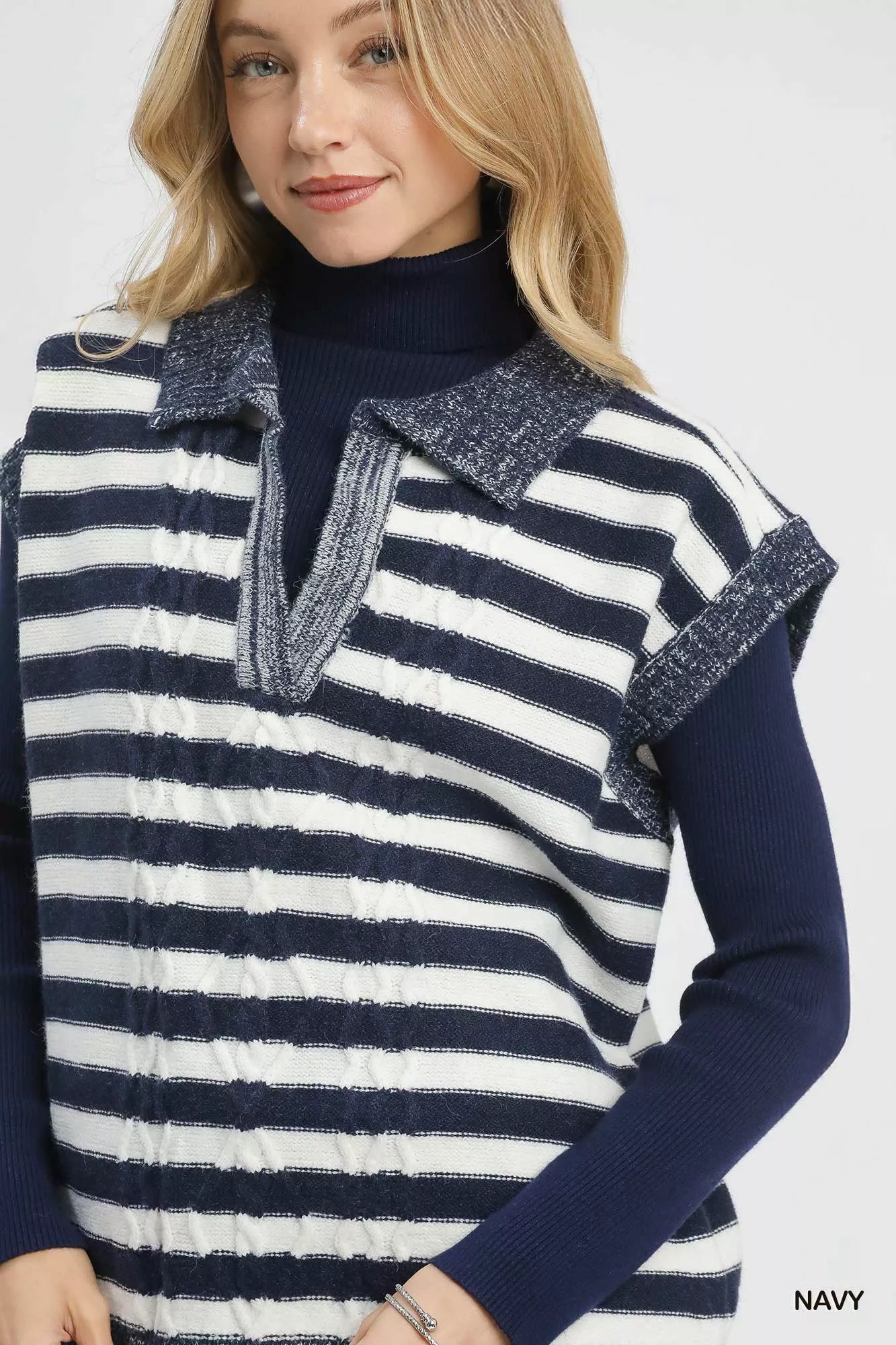 Umgee Cable Knit Collared Striped Vest Sweater OutfitFlow