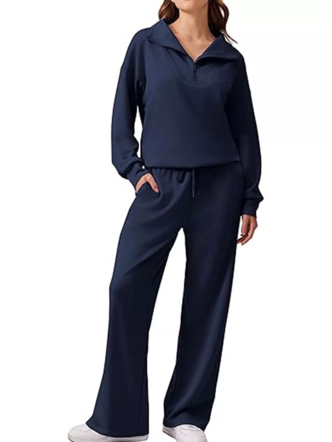 Zip Collar Dropped Shoulder Top and Pants Set Dark Blue OutfitFlow