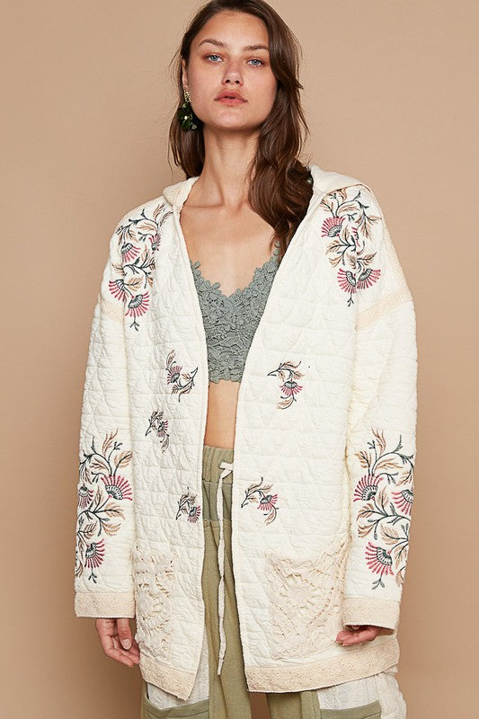 Outfit Flow - POL Embroidered Open Front Quilted Jacket with Crochet Pockets