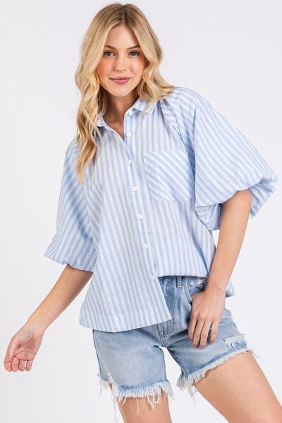 Mittoshop Button Down Striped Puff Sleeve Shirt OutfitFlow