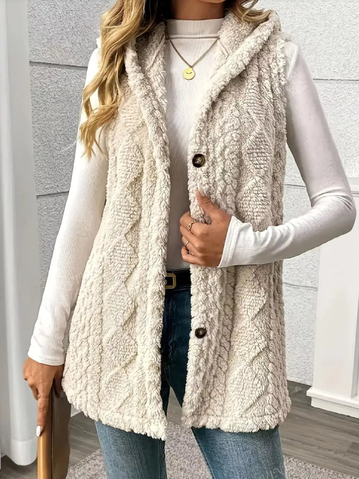 Button Up Plush Hooded Vest Coat Apricot OutfitFlow