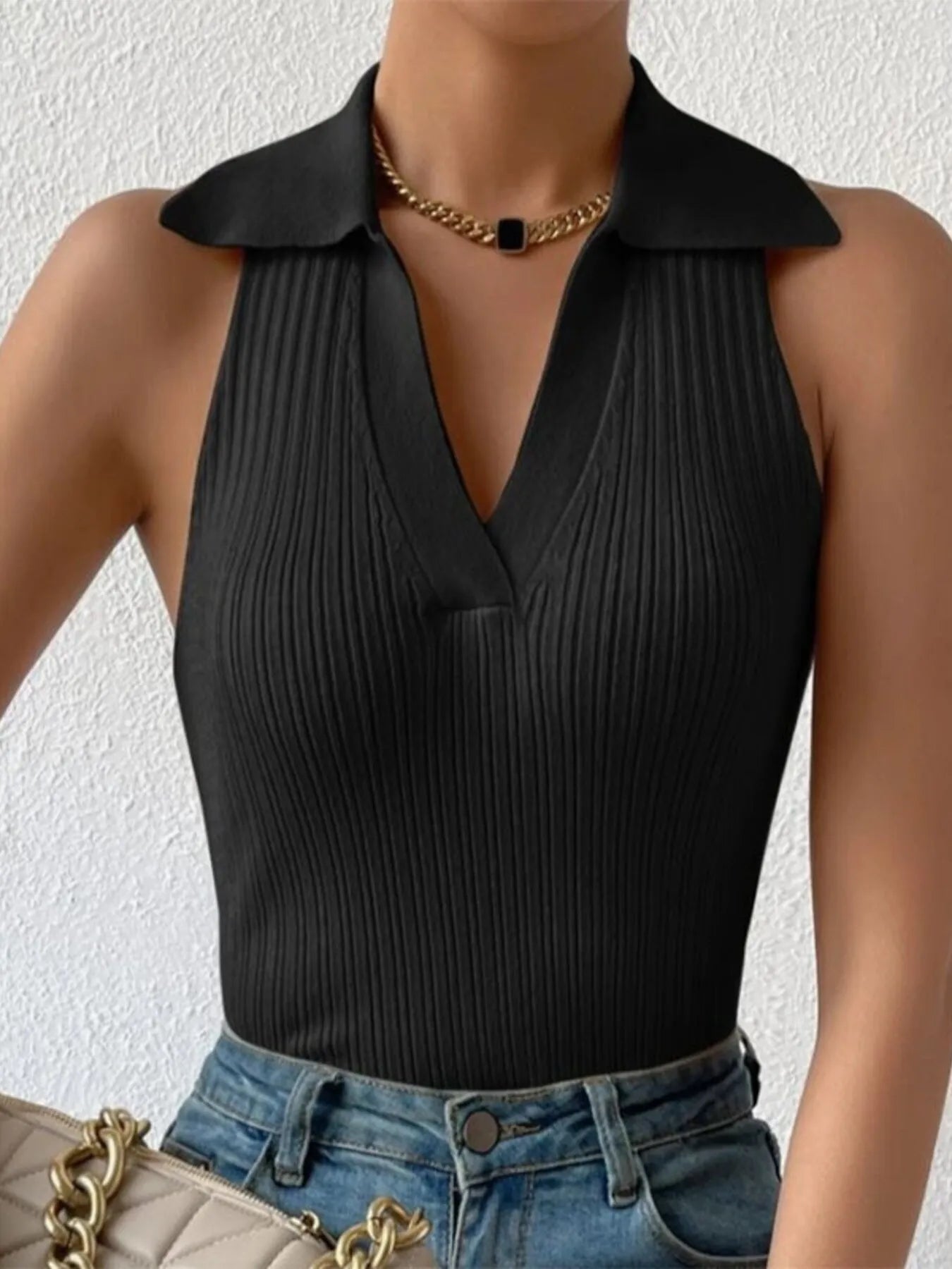 Ribbed Knit Sleeveless Polo Collar Tank Top OutfitFlow