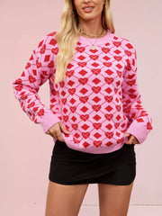 Heart & Diamond Pattern Long Sleeve Sweater Fuchsia Pink OutfitFlow